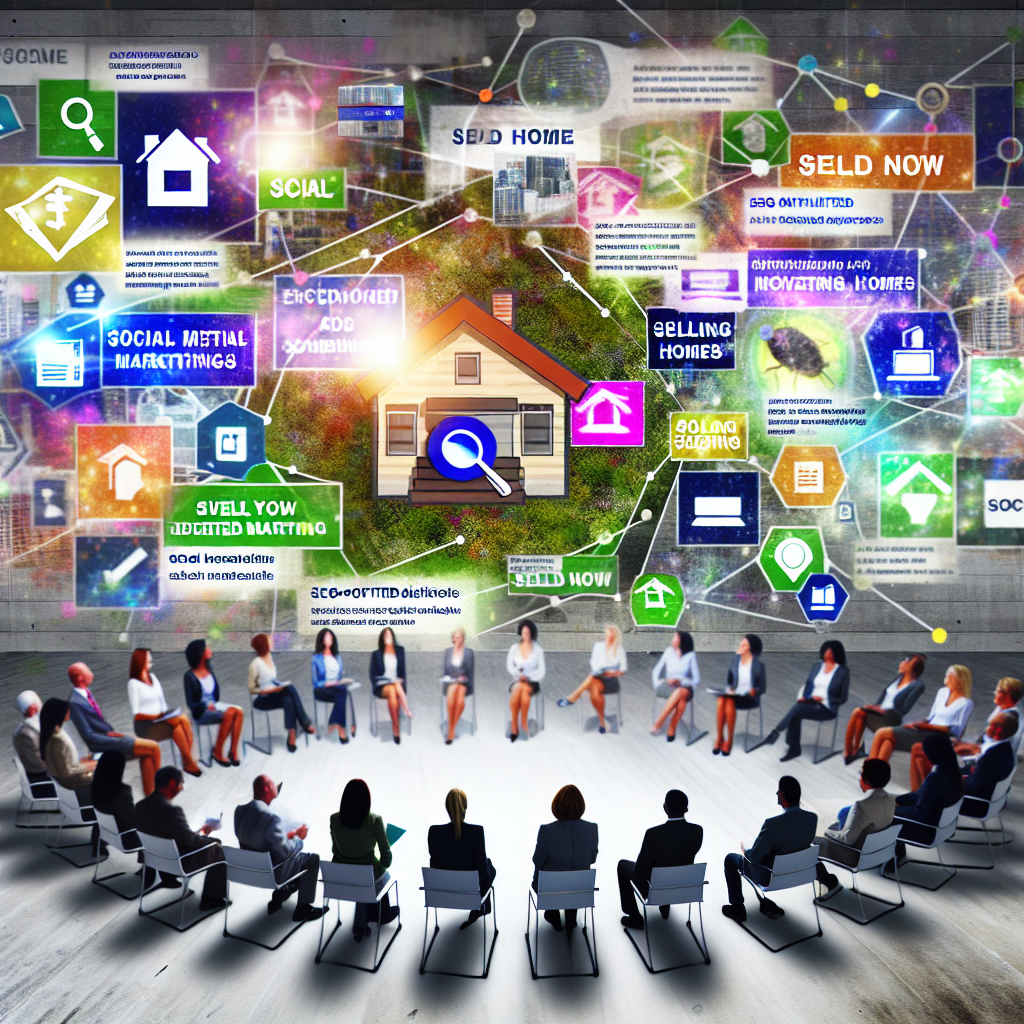 An image showcasing a variety of innovative real estate marketing strategies, all designed to attract potential home sellers. It can include a mix of traditional and digital methods, such as social media campaigns, SEO-optimized blog posts sharing expert advice on selling homes, print flyers highlighting the benefits of selling now, or diverse networking events. The scene could be visually represented by a vibrant web of interconnected activities—each one representing a different strategy, embodying the energy and impact of these marketing efforts.